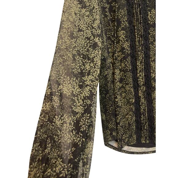 WHBM Woman’s pullover shirt Med Sage Green black leaf print sheer lined - Picture 5 of 7